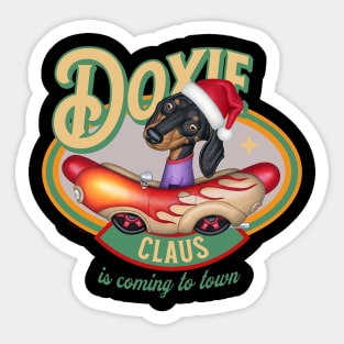 cute Doxie Dog as Santa Claus in classic hotdog car is Coming to Town Sticker